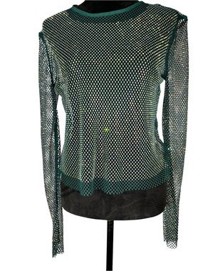 Shasa Green Rhinestone Top Mesh Long-Sleeve Fishnet Sheer